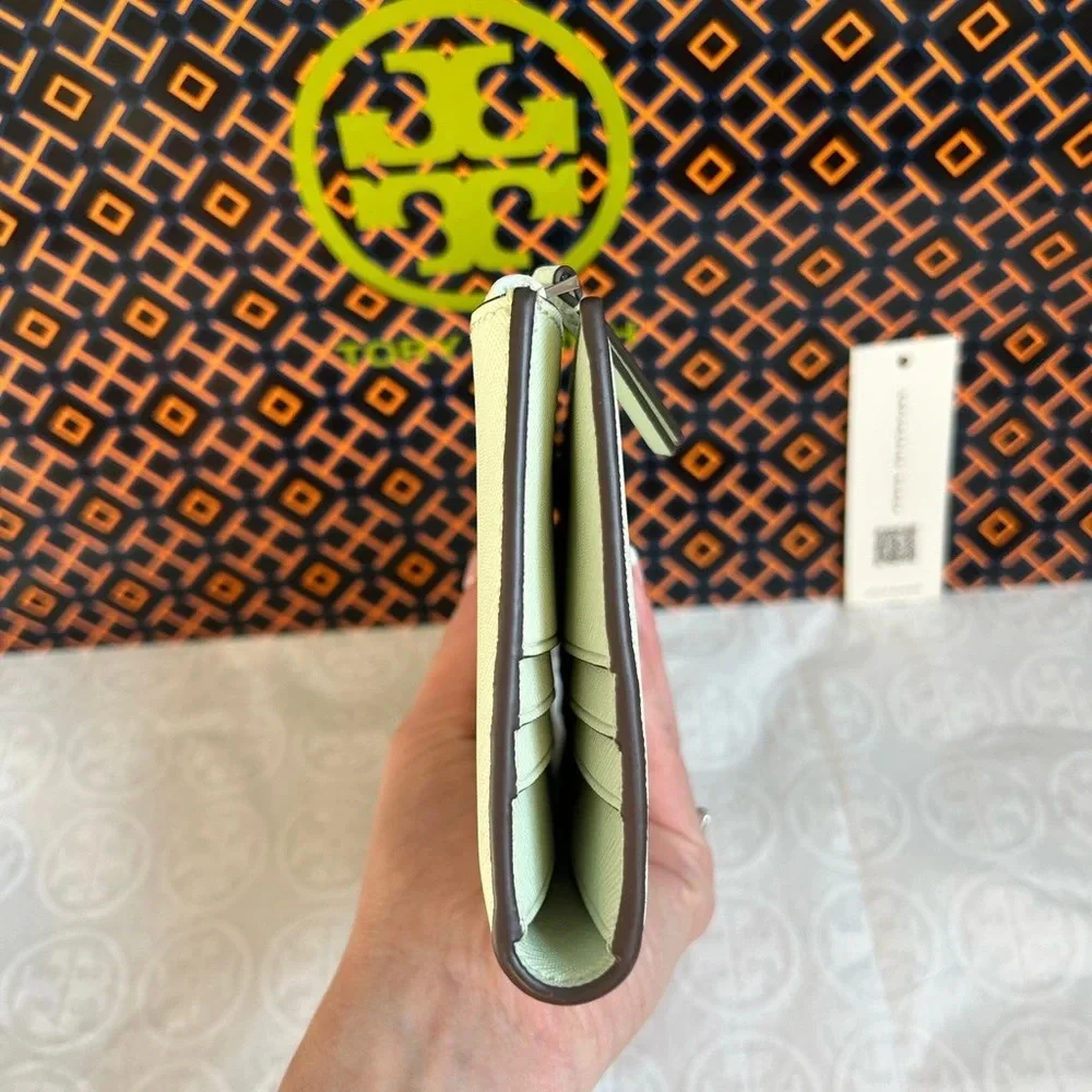 Tory Burch Emerson Slim Envelope Wallet Meadow Mist Silver Green
